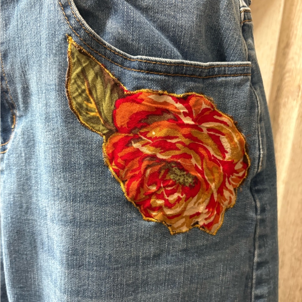 Boho Denim Midi Skirt with Red Floral Ruffle - Picture 3 of 4